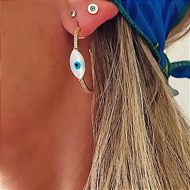Kit Zara Brinco Argola  + Tornozeleira Com Olho Grego Com Zircônias Banho em Ouro 18K