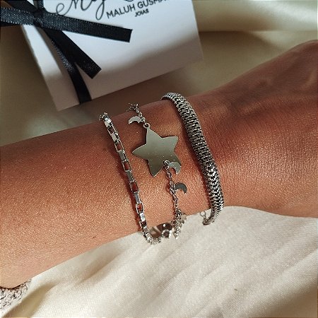 Kit Estela Com 03 Pulseiras, Modelo Trama, Elos e Estrela com Banho em Ródio Branco.
