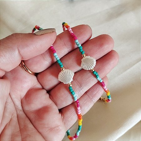 Kit Marina Choker + Pulseiras com Conchas em Madrepérola e Cristais Coloridos Banho em Ouro 18K