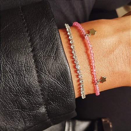 Kit Bianca Pulseira Cristais Rosa + Pulseira Riviera Banho em Ródio Branco