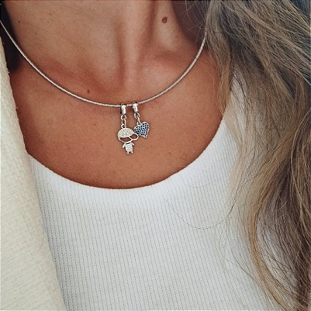Colar Aro Amor Meu Com Pingente de Menino e Coração Banho em Ródio Branco