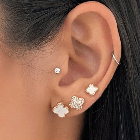 Trio de Brincos Virginia Branco Com Banho em Ouro 18K
