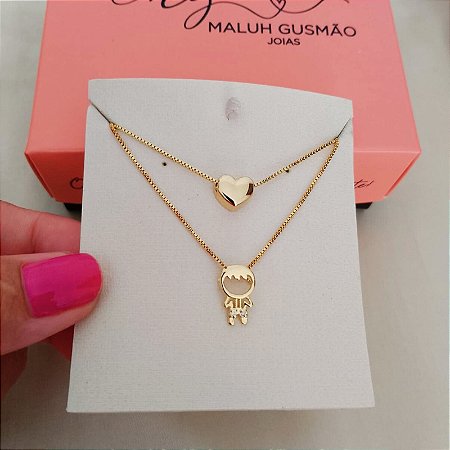 Kit Colar Filho(a) com Zircônia + Colar Coração Banho em Ouro 18K