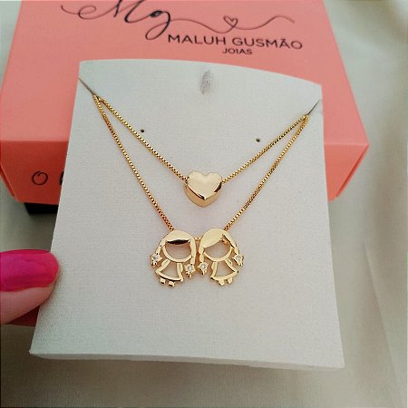 Kit Colar Filhos(as) Com Zircônia + Colar Coração Banho em Ouro 18K