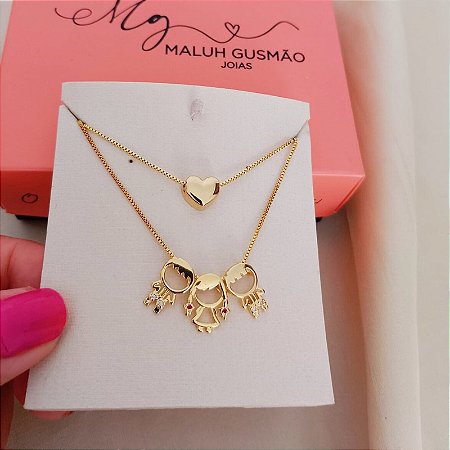Kit Colar 03Filhos (as) Com Zircônias + Colar Coração  Com Banho em Ouro 18K