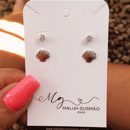 Kit Brincos Conchinhas Com Zircônia Cristal Banhado em Ródio Branco