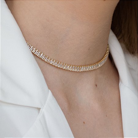 Choker Riviera Zircônias Baguete Dourada