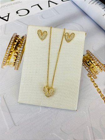 Conjunto Colar E Brinco Coraçao Cravejado