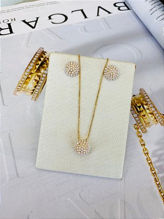 Conjunto Colar e Brinco Bolinhas Perolado Dourado
