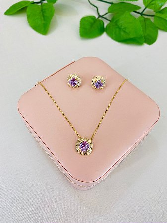 Conjunto Colar e Brinco Com Pedra Lilas Dourado