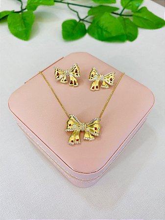 Conjunto De Colar e Brinco Laço Dourado