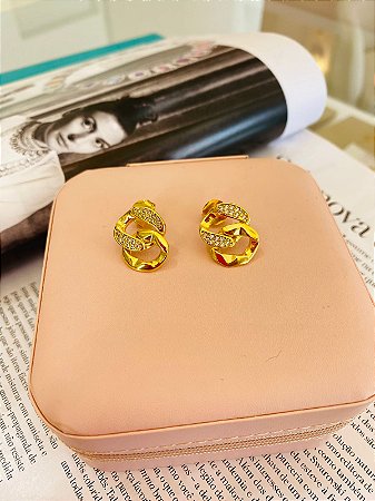 Brinco Circulo Traçado Cravejado Dourado
