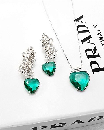 Conjunto Ear Cuff Cristais Com Coração Verde Prata