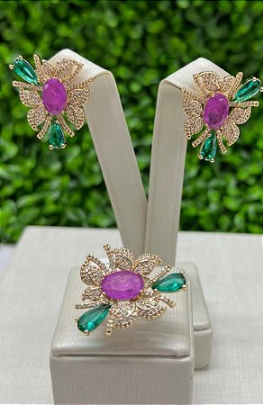 Conjunto Anel e Brinco Flor Cravejada Pedra Verde e Rosa