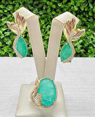 Conjunto Anel e Brinco Sereia Cravejado