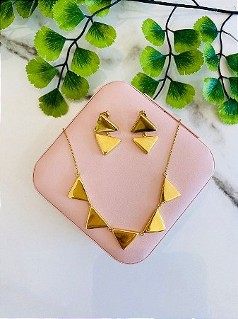 Conjunto Colar e Brinco Triângulos Dourado