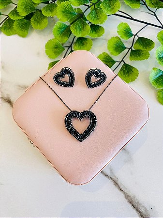 Conjunto Coração Vazado Ródio Negro