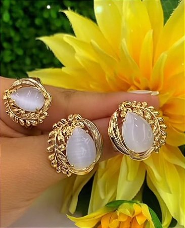 Conjunto anel e brinco madreperola