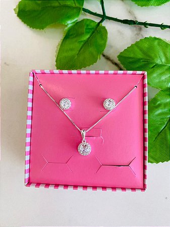 Conjunto Circulo Cravejado Prata 925