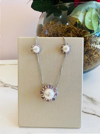 Conjunto Flor Perola Prata