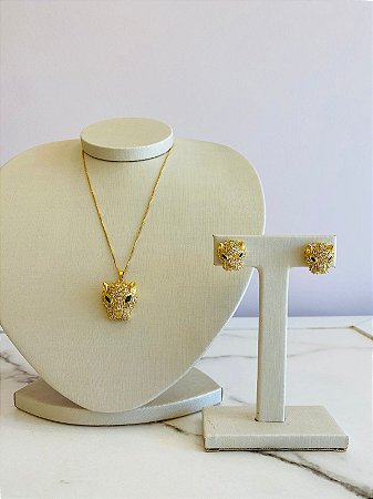 Conjunto Colar e Brinco Leopardo Cravejado
