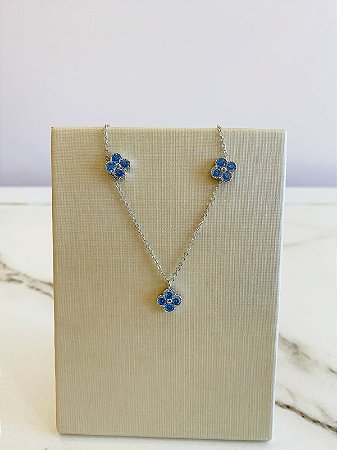 Conjunto Florzinha Azul Ródio Branco