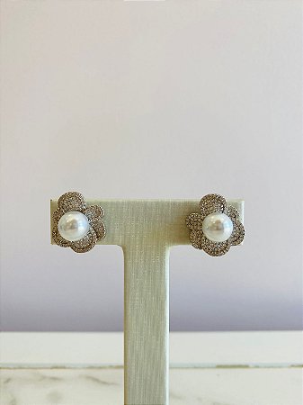 Brinco Flor Perola Cravejado Prata