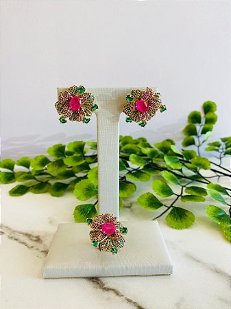 Conjunto Flor Verde E Rosa