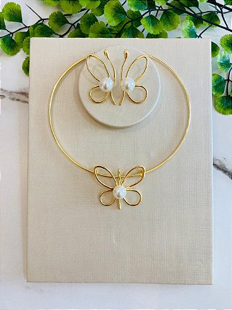 Conjunto Choker e Brinco Borboleta-Dourada