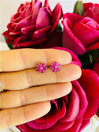 Brinco Flor Rosa Ródio Branco M
