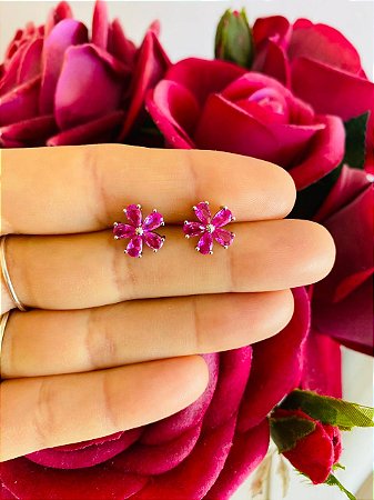 Brinco Flor Rosa Ródio Branco G