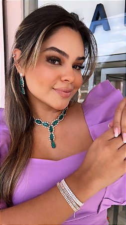 Conjunto Colar e Brinco Gotas Turmalina Cravejado Em Volta