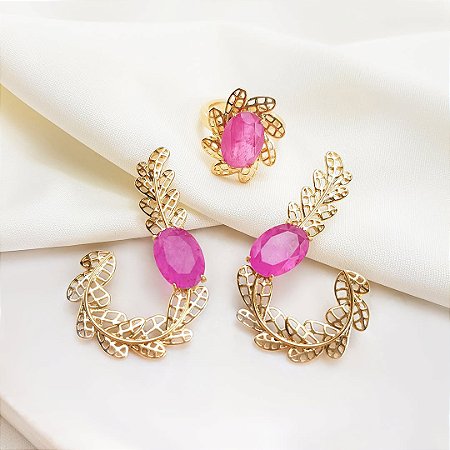 Conjunro com brinco e anel formato J-Dourado