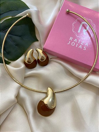 Conjunto Aro Gota Marrom Dourado