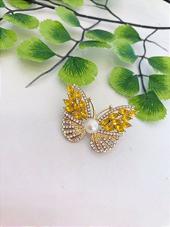 Broche Borboleta Amarela Pérola