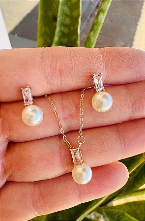 CONJUNTO PEROLA COM PEDRA RETANGULAR
