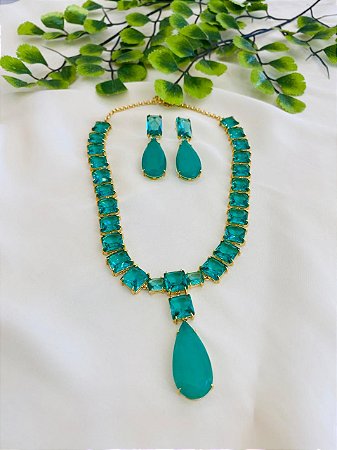 Conjunto Colar e Brinco Turquesa Gota