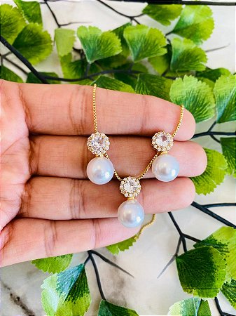 Conjunto Colar e Brinco Perola cravejado