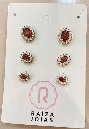 TRIO OVAL GARNET CRAVEJADA DOURADO