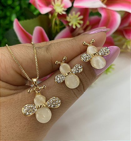 Conjunto Colar e Brinco Abelha madreperola