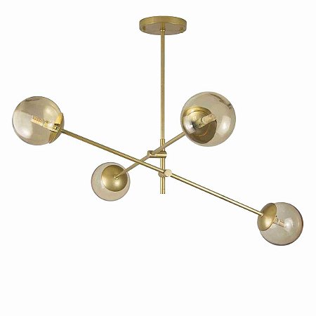 Lustre Lirio com 4 Globos Esfera de Vidro Âmbar - OURO