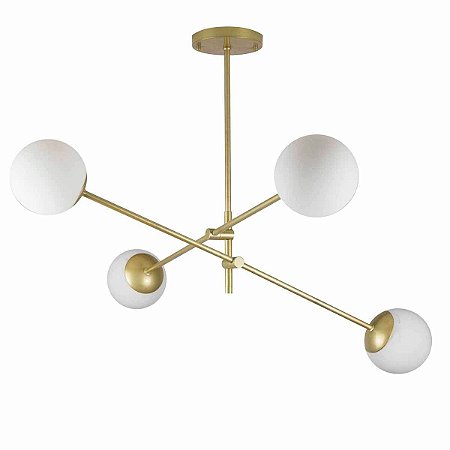 Lustre Lirio com 4 Globos Esfera de Vidro Branco - OURO