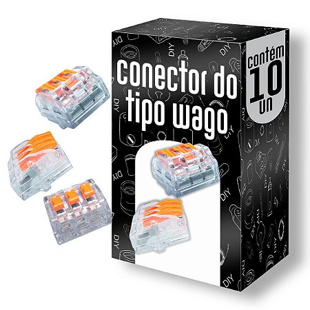 Kit com 10 Conectores Emenda Fio 0,2-4mm Tipo Wago Alavanca 3vias-Cristal
