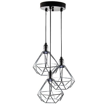 Lustre com 3 Pendentes Aramados Diamante - CROMADO