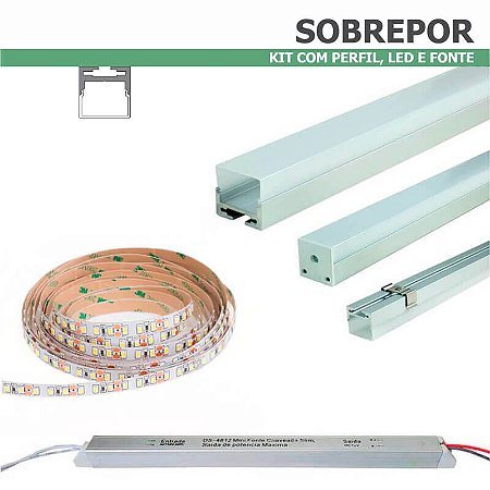 Kit Perfil SOBREPOR 1m + Fita LED + Fonte