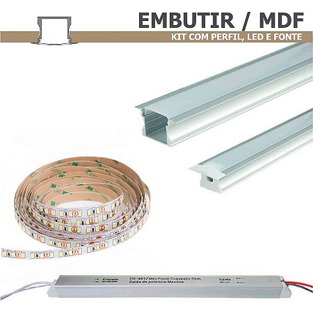 Kit Perfil EMBUTIR MDF 1m + Fita LED + Fonte