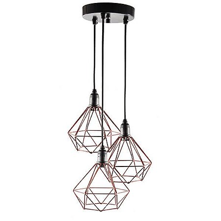 LUSTRE COM 3 PENDENTES ARAMADO DIAMANTE  - COBRE