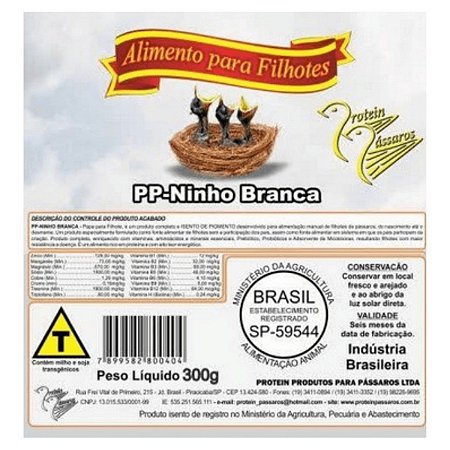 Papinha Protein Pássaros - Para Filhotes - PP Ninho Branca - 150g - 300g e 1kg