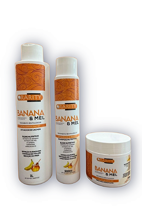 KIT TRATAMENTO REVITALIZADOR BANANA E MEL  RARITY (Shampoo 500ml, Máscara 500g, Ativador Modelador Cachos 1lt)
