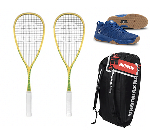 Kit 2 Raquetes Unsquashable Diego Gobbi Autograph e 1 Tênis Unsquashable Tour Tec Azul